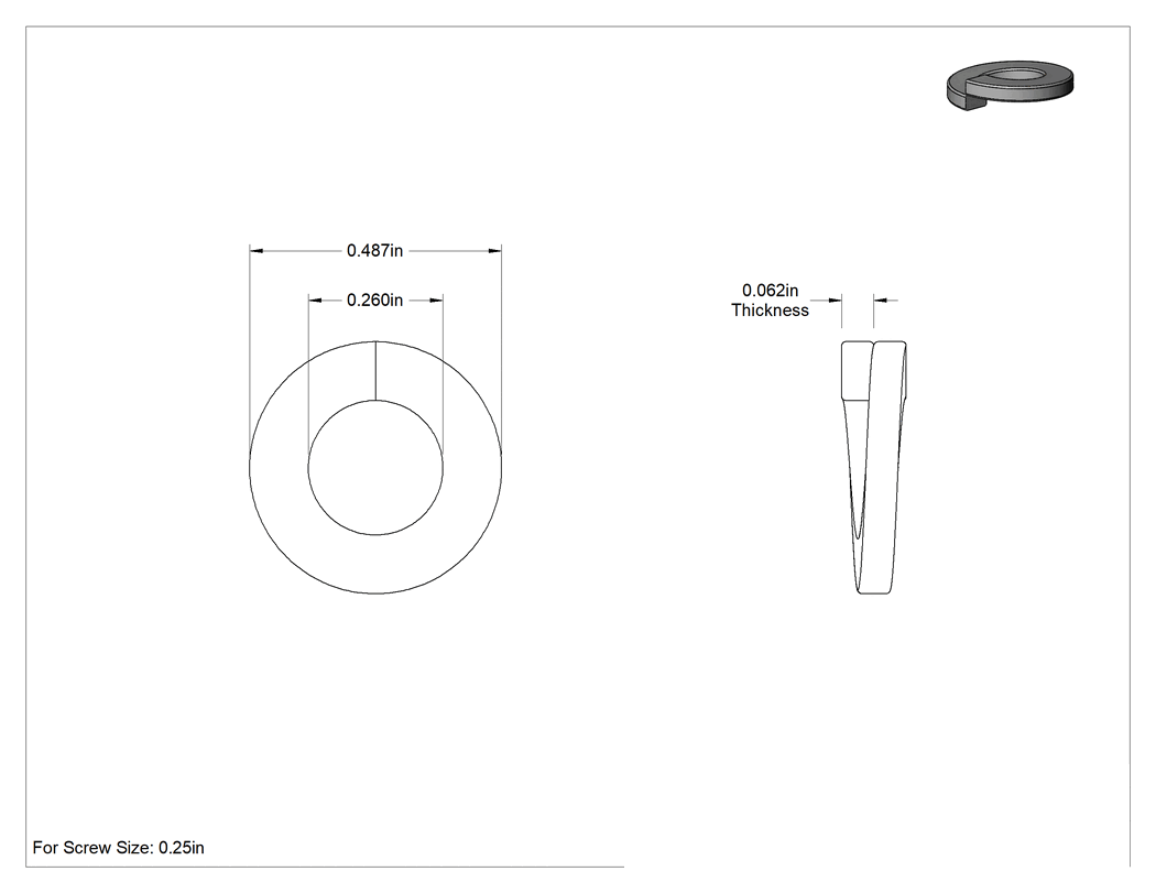Teknik Çizim - Çinko-Sarı-Kromat Kaplı Çelik Yaylı Pul, 1/4" Vida Boyutu için, 0.26" İç Çap, 0.487" Dış Çap