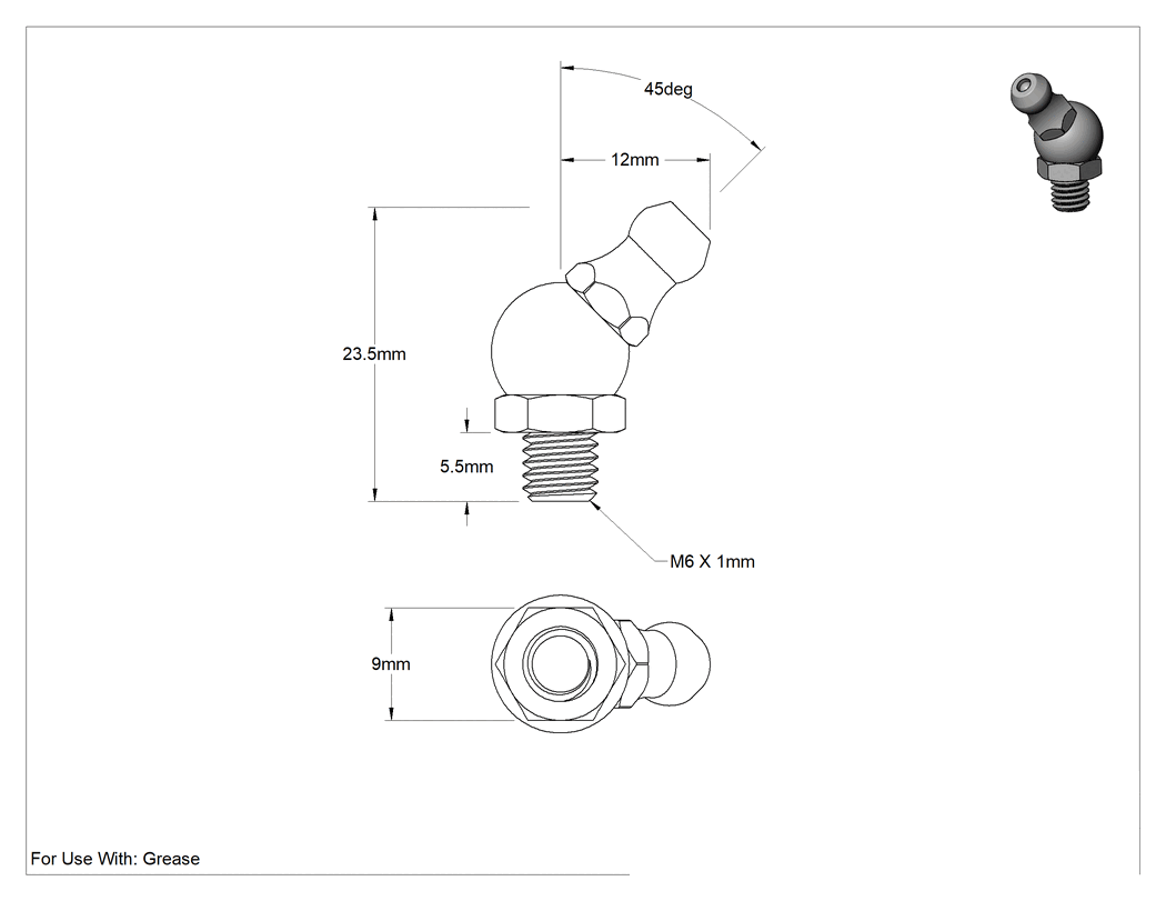 Teknik Çizim - 316 Paslanmaz Çelik Gres Nipeli, Düz, M6 x 1 mm Erkek, 23.5 mm Toplam Yükseklik