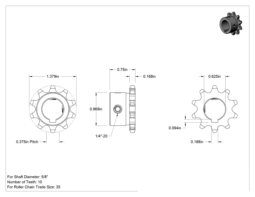 Teknik Çizim - Çelik Tek Sıralı Dişli, ANSI 35 Makaralı Zincir ve 5/8" Mil Çapı için, 10 Diş