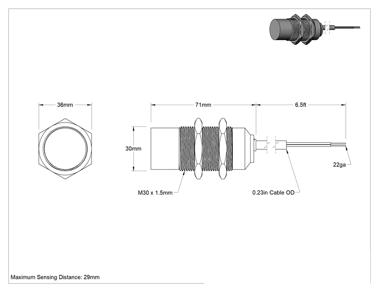 Teknik Çizim - Uzun Mesafeli Metal Nesne Yakınlık Anahtarı, DC, Paslanmaz Çelik Muhafaza. Tel Uçlu Çıkıntılı, 30 mm Çap