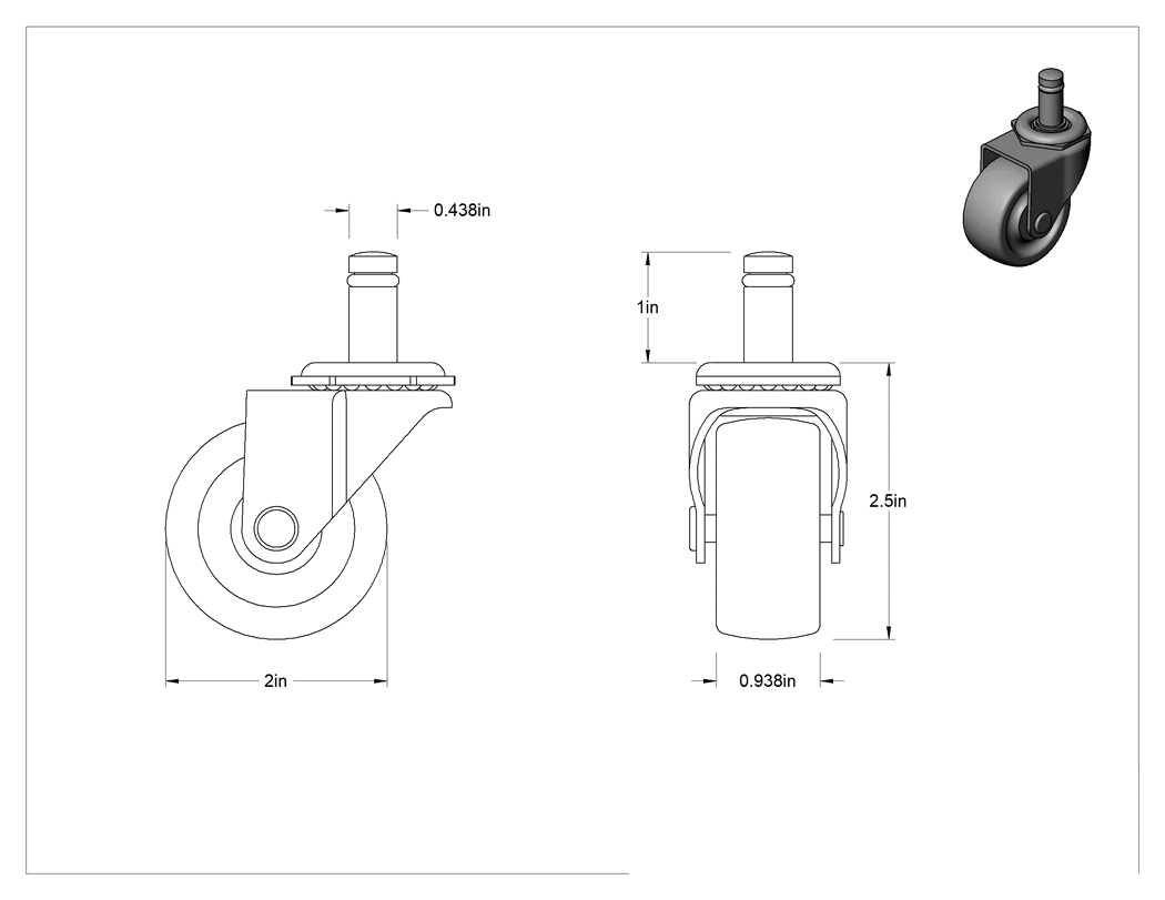 Teknik Çizim - Tutuş Halkalı Sürtünmeli Tutuşlu Saplı Tekerlek, 2 inç Çapında x 7/8 inç Genişliğinde 80D Kauçuk Tekerlekli Döner