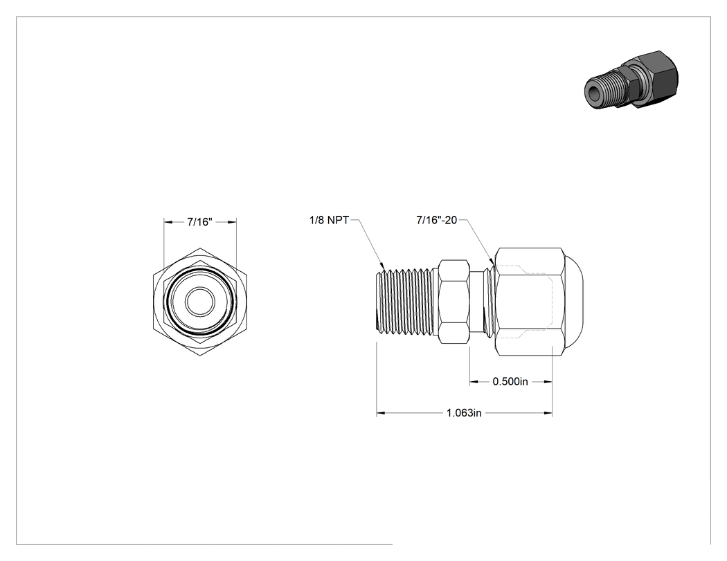Teknik Çizim - Hava Doldurma Vanası, Pirinç, NPT x 1/2" Uzunluğunda UN/UNF (SAE Düz), 200 PSI