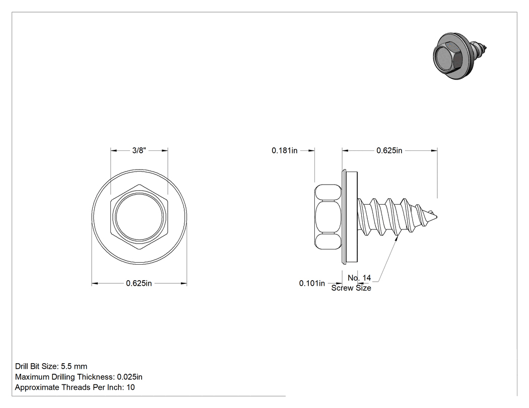 Teknik Çizim - Titreşim Sönümleyici Altıköşe Başlı Vidalar, Sac Metal için, Çinko Kaplı Çelik, 14 Numaralı Boyut, 5/8" Uzunluk