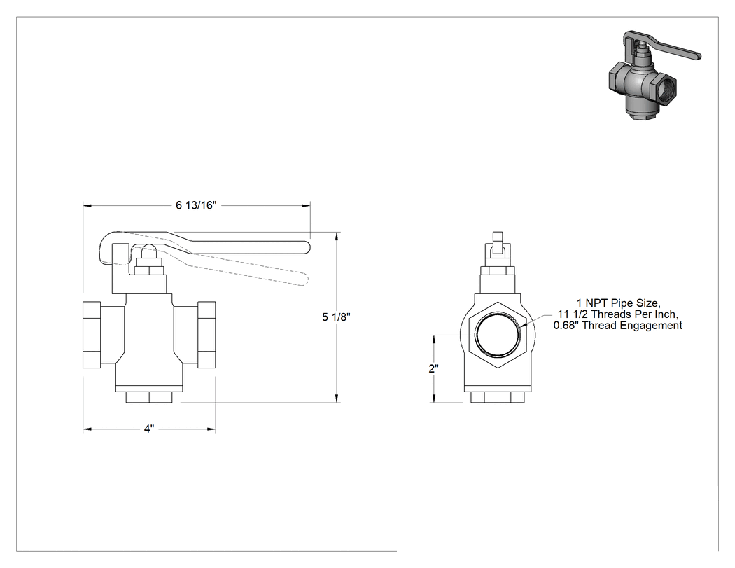 Teknik Çizim - Pirinç Çıtçıtlı Akış Ayar Valfi, İtme Kolu, 150 PSI Maksimum Basınç, 1 NPT Dişi