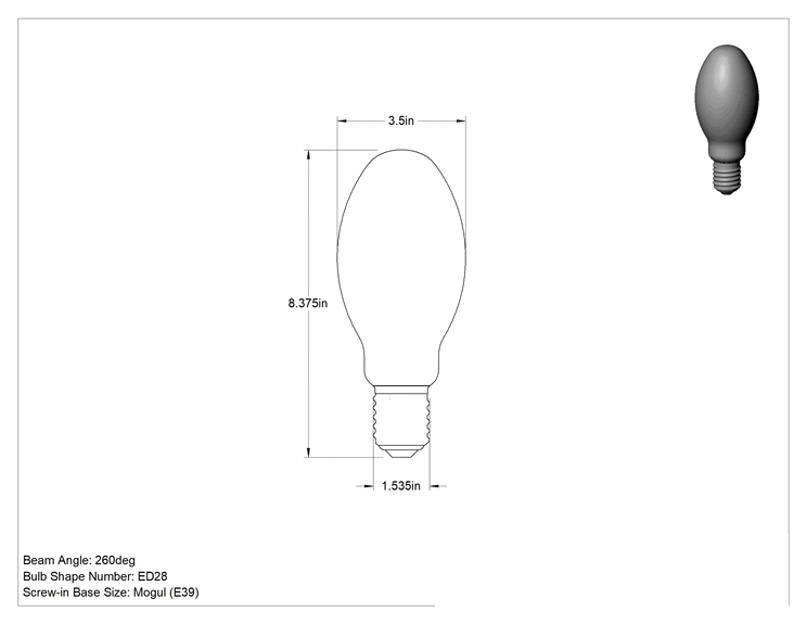 Teknik Çizim - Kapalı Armatürler için Metal Halide Ampul, ED28 Konisi, E39 Mogul Tabanı, 250W, 4000K, 15000 lümen