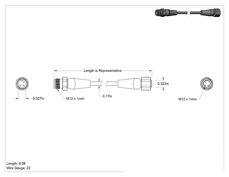 Teknik Çizim - Gıda Endüstrisi Mikro M12 Kablo, Fiş x Soket, 3 Kutup, 9-1/2 Fit Uzunluk