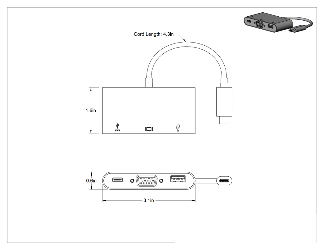Teknik Çizim - USB Standart 3.2 Gen 1 Hub, Dişi USB A ile Erkek USB C, USB C ve HD15 Bağlantıları