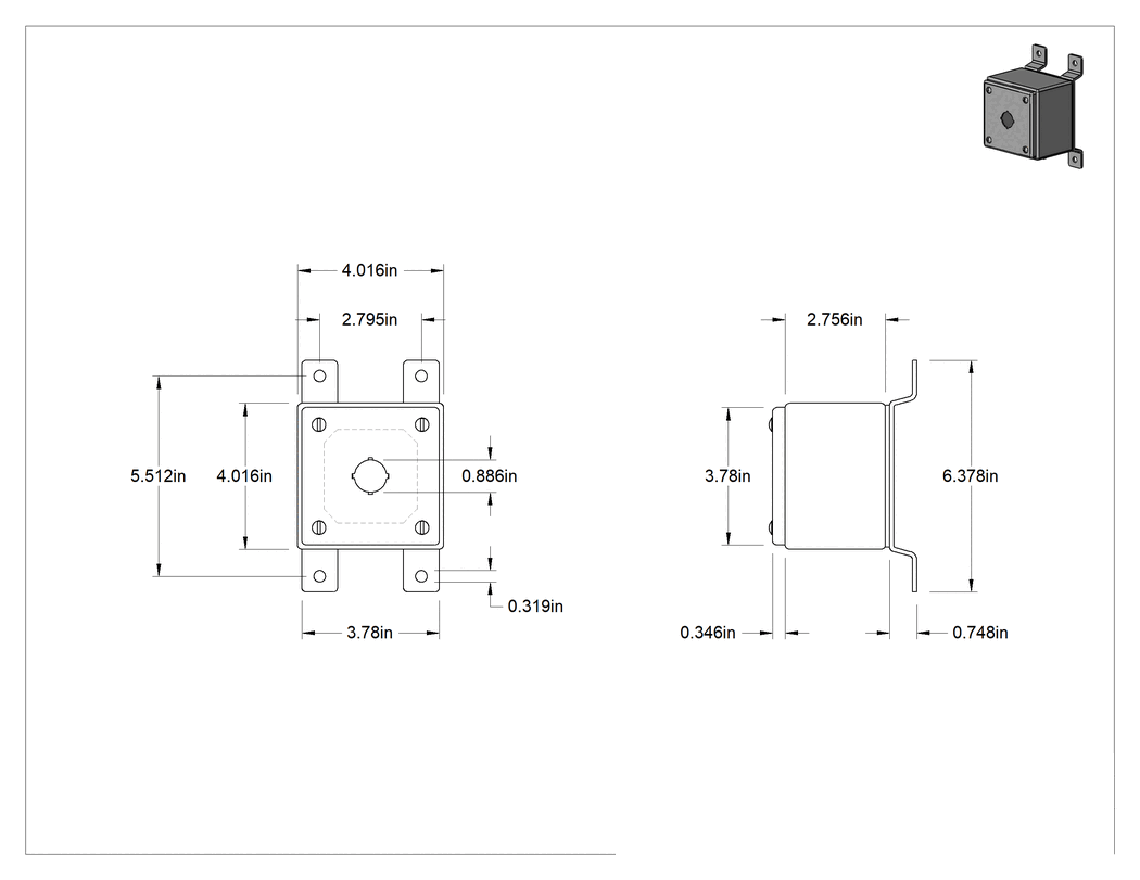 Teknik Çizim - 316L Paslanmaz Çelik Hijyenik Basmalı Düğme Muhafazası, Yükseltilmiş Braket Montajı, 22 mm düğme için, 1 Delik