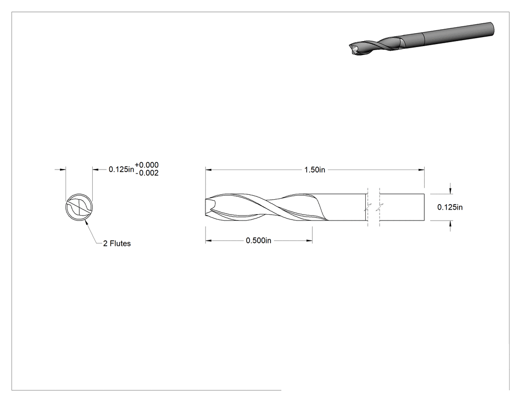 Teknik Çizim - TiCN Kaplamalı Karbür Kare Uçlu Freze, 2 Yiv, 1/8" Freze Çapı, 1-1/2" Toplam Uzunluk
