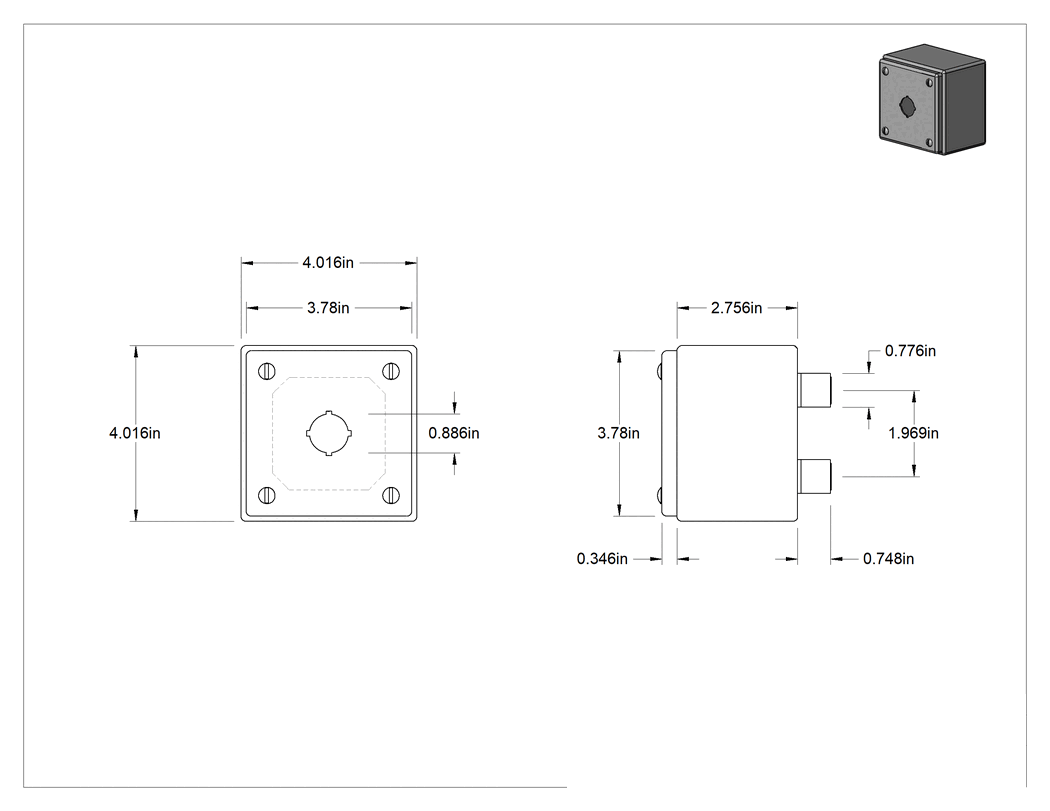 Teknik Çizim - 316L Paslanmaz Çelik Hijyenik Basmalı Düğme Muhafazası, Yükseltilmiş Mesafe Montajı, 22 mm düğme için, 1 Delik