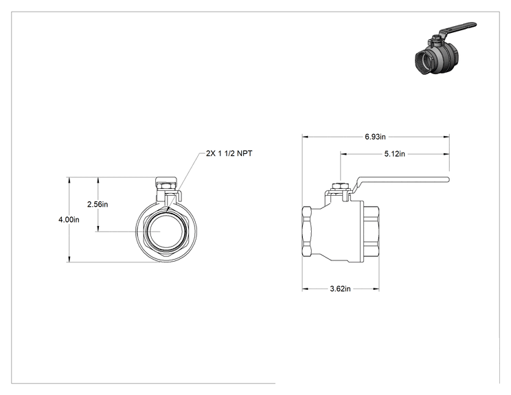 Teknik Çizim - On/Off Doğal Valfi, Propan ve Bütan Gazı, Kompakt, Yeşil Kol Tutamağı, 1-1/2 NPT Dişi