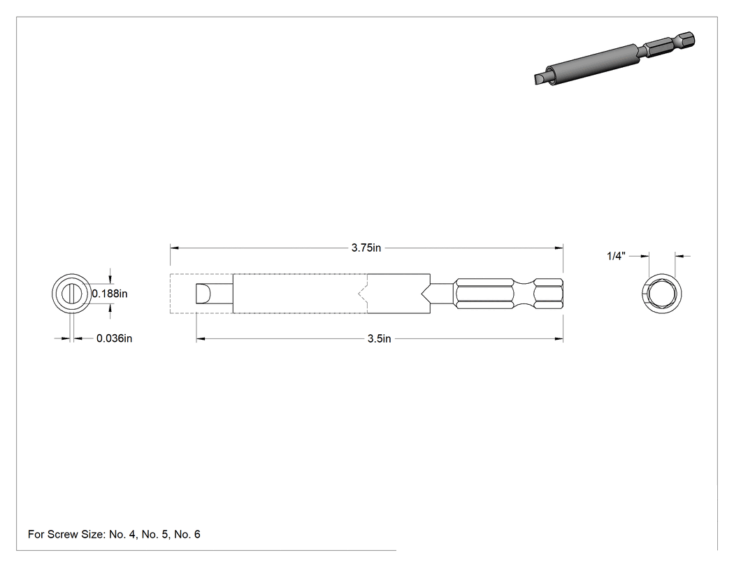 Teknik Çizim - Vida Kılavuzlu Yivli Uçlar, 1/4" Altıgen Şaft