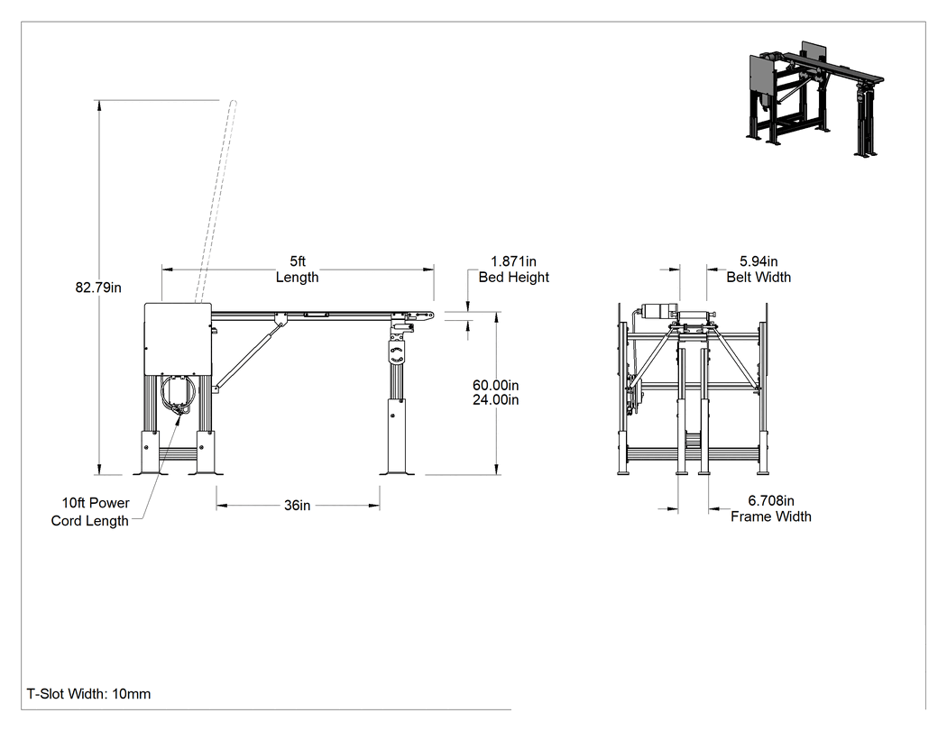 Teknik Çizim - Kolay Erişimli Kullanıma Hazır Mini Kayışlı Konveyör, 6" Kayış Genişliği, 6-5/8" Çerçeve Genişliği, 5 Fit Uzunluk