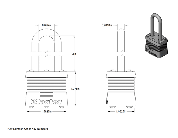 Teknik Çizim - Lamine Çelik Gövdeli Asma Kilit, Master Lock 3, aynı anahtarlı, 2" Dikey Mapa Açıklığı