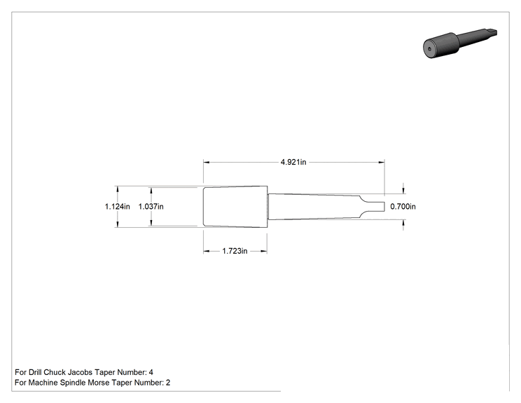 Teknik Çizim - Matkap Mandreni, 2 Numaralı Morse x 4 Numaralı Jacobs için, 4-59/64" Toplam Uzunluk