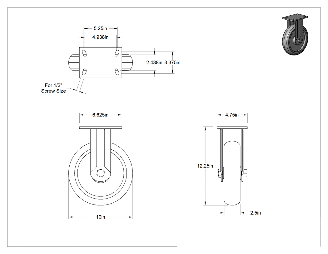 Teknik Çizim - 6-5/8" x 4-3/4" Plakalı Kolay Dönen Tekerlek, Yüksek Kapasiteli, 10 inç Çapında Gri Poliüretan Tekerlekli Sert