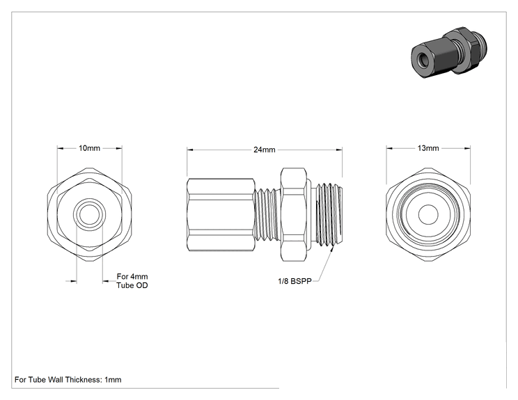 Teknik Çizim - Hava ve Su için Pirinç Sıkıştırma Tüp Bağlantısı, 4 mm Boru Dış Çapı x 1/8 BSPP Erkek için Düz Adaptör
