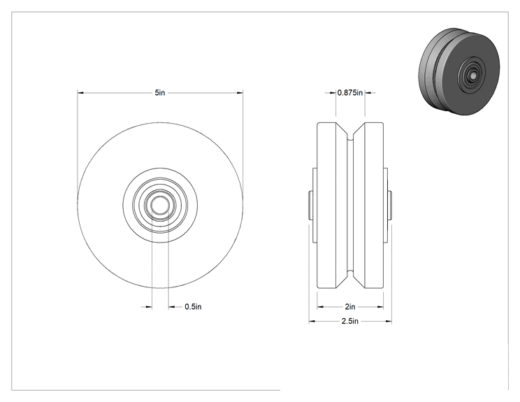 Teknik Çizim - 303 Paslanmaz Çelik V-Oluklu Ray Tekerleği, 5" Çap x 2" Genişlik