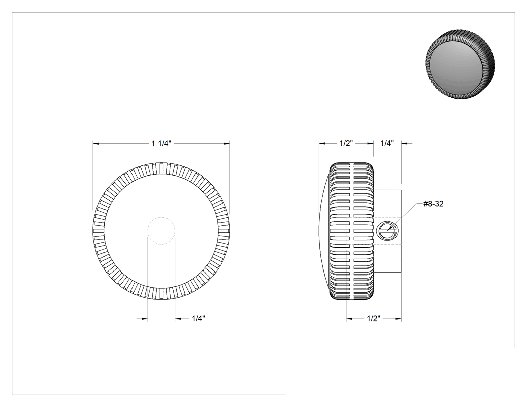 Teknik Çizim - Tırtıllı Plastik Tutamak, Dişsiz, 1/4" Çap x 1/2" Derinlikte Delik, 1-1/4" Çapında Başlık