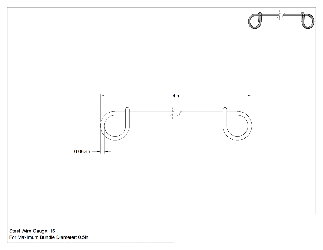 Teknik Çizim - Çift Döngü Uçlu Bükümlü Bağ, Galvanizli 16 ölçü Çelik, 4" Uzunluk