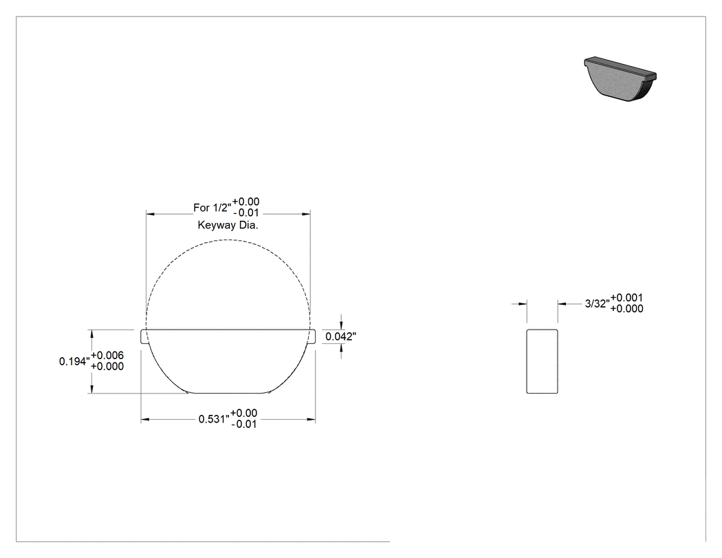 Teknik Çizim - Yüksek Profilli Woodruff Kamaları, 1018-1045 Karbon Çelik, Anahtar Numarası, 2, 3/32" Genişlik