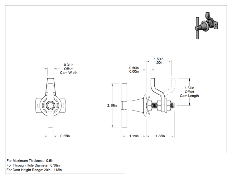 Teknik Çizim - T-Kolu Kam Mandalı, Ayarlanabilir Mandal Mesafesi, Krom Kaplı Çelik, 1/2" Maksimum Kalınlık için