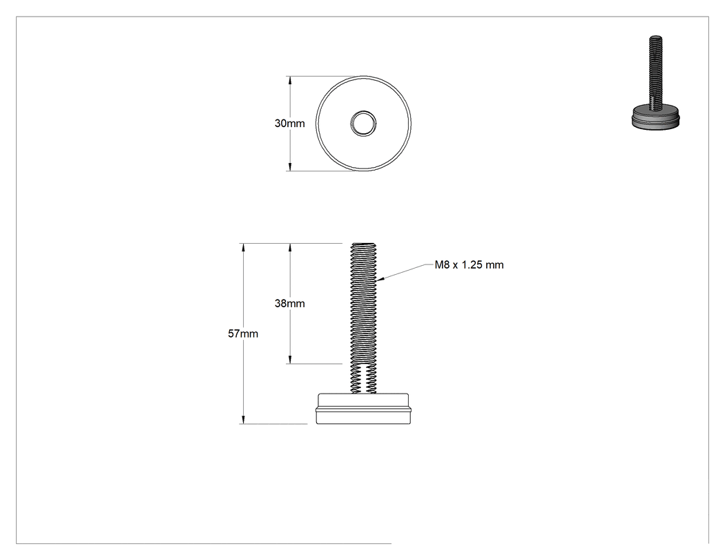 Teknik Çizim - Dişli Saplama ve Yastıklı Sert Seviyelendirme Montajı, Naylon Yastıklı Çinko Kaplı, M8 x 1.25 mm Boyut, 30 mm Taban