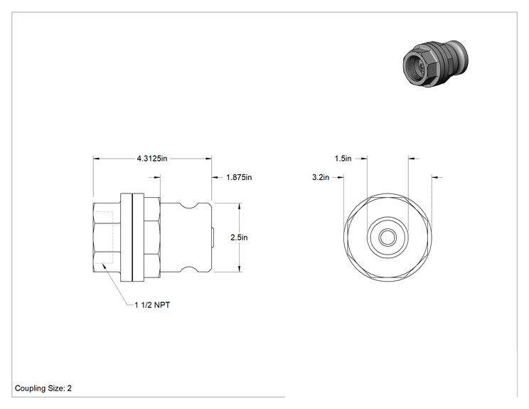 Teknik Çizim - Kam ve Yivli Hortum Bağlantısı, Hava ve Su için, 2 Numaralı, Alüminyum Tapa, 1-1/2 NPT Dişi Uç