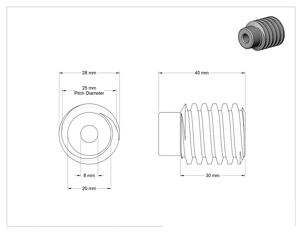 Teknik Çizim - Çelik Sonsuz, 1.5 Modül, 8 mm Mil Çapı, 1 Başlatma