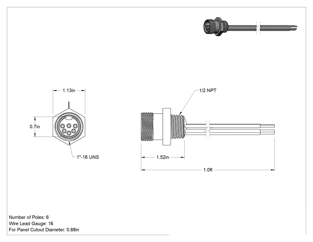 Teknik Çizim - Mini Konektör, Dişi Priz, 6 Kutuplu, 0.7 inç Yüz Çapı, 1 ft Uzunlukta Kablo Uçları