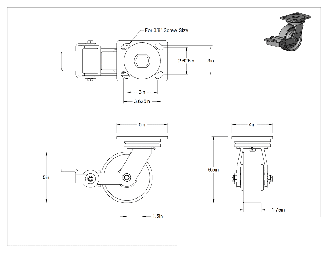 Teknik Çizim - 5" x 4" Montaj Plakalı Yüksek Kapasiteli Spartan Tekerlek, Frenli ve 5" Çapında Çelik Tekerlekli Döner Tekerlek