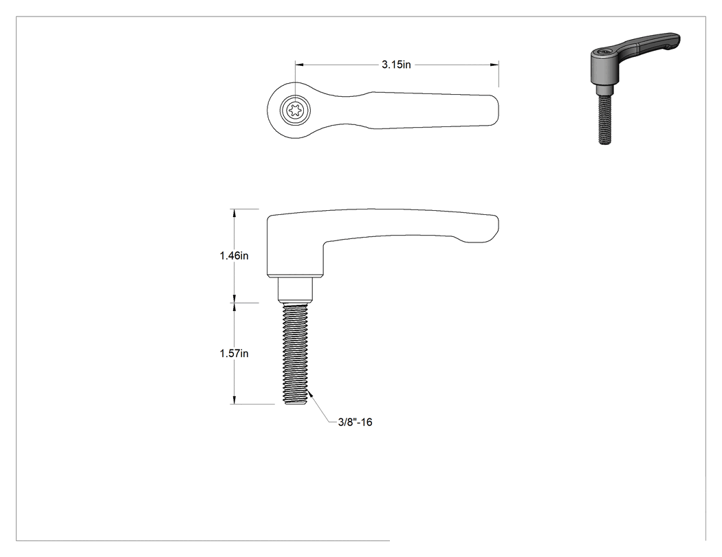 Teknik Çizim - Düşük Profilli Ayarlanabilir Tutamak, 3/8"-16 Dişli 1-9/16" Uzunlukta Saplamalı, Siyah Çinko