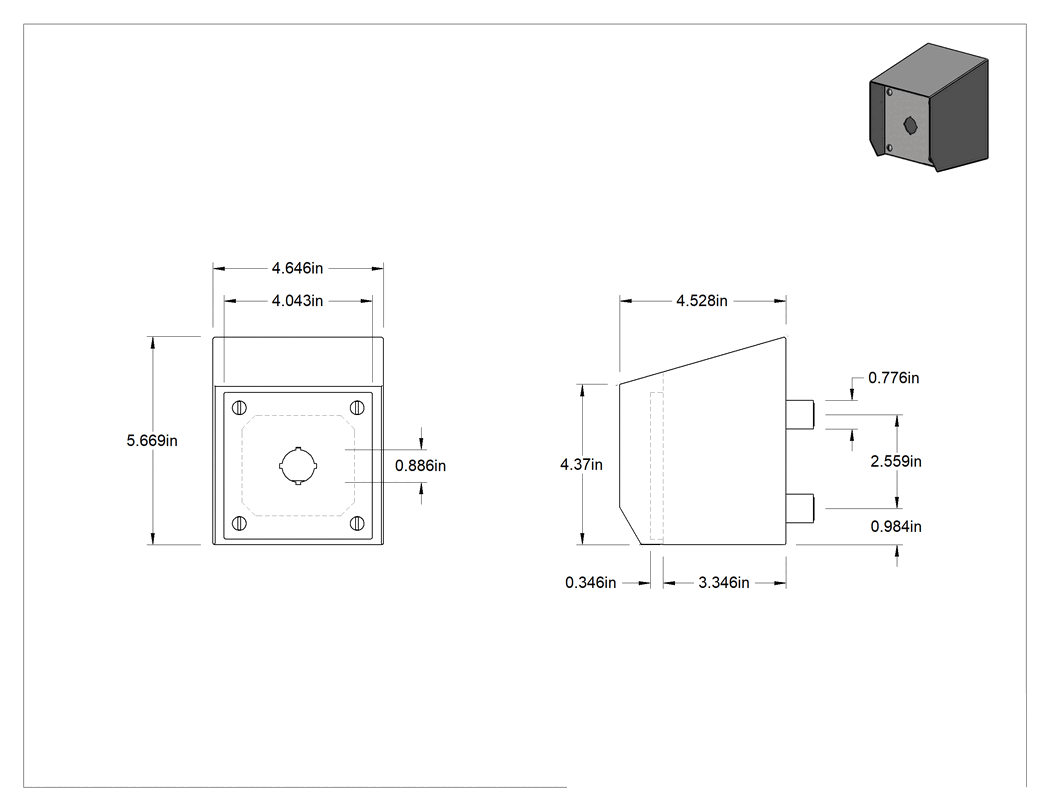 Teknik Çizim - 316L Paslanmaz Çelik Hijyenik Basmalı Düğme Muhafazası, Yükseltilmiş Montaj, Çıkıntılı Çatı, 22 mm Düğme için, 1-Delik