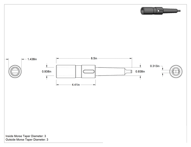 Teknik Çizim - Uzatma, 3 Dış x 3 İç, Sertleştirilmiş Çelik, 8-1/2" Uzunluk