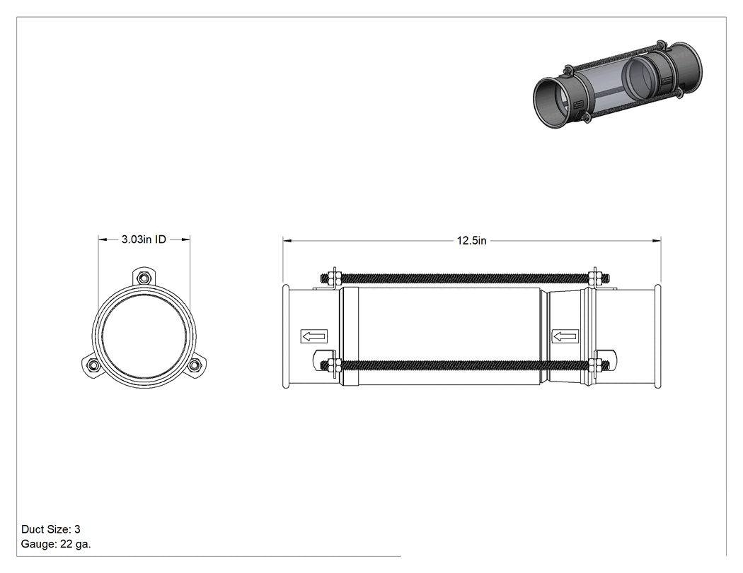 Teknik Çizim - Hızlı Bağlantı Kanalı için Kanal Boyutu, 3 Galvanizli Çelik ve Akrilik Akış Göstergesi