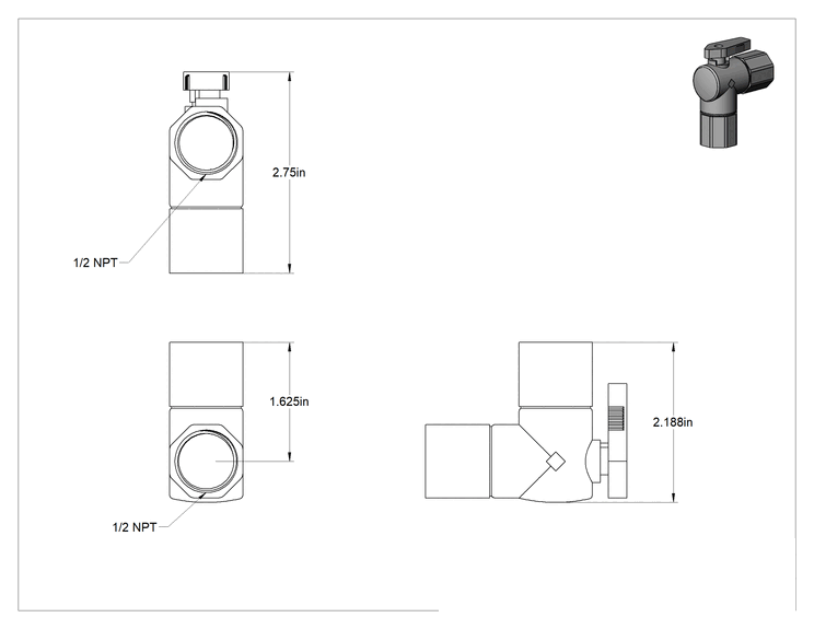 Teknik Çizim - Naylon Açma/Kapama Vanası, Dirsek, 1/2 x 1/2 NPT Dişi