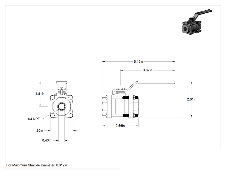 Teknik Çizim - Kolay Bakımlı Bronz Gövdeli Açma/Kapama Vanası, Kilitlenebilir Tutamaklı, Cam Dolgulu PTFE Conta, 1/4 NPT Dişi