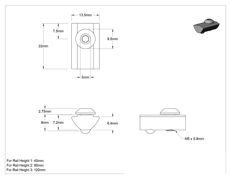 Teknik Çizim - T-Yuvalı Çerçeve Bağlantı Elemanları, Kendinden Hizalamalı Bilyalı Somun ve M5 Vida, 1.5 inç ve 40 mm Ray