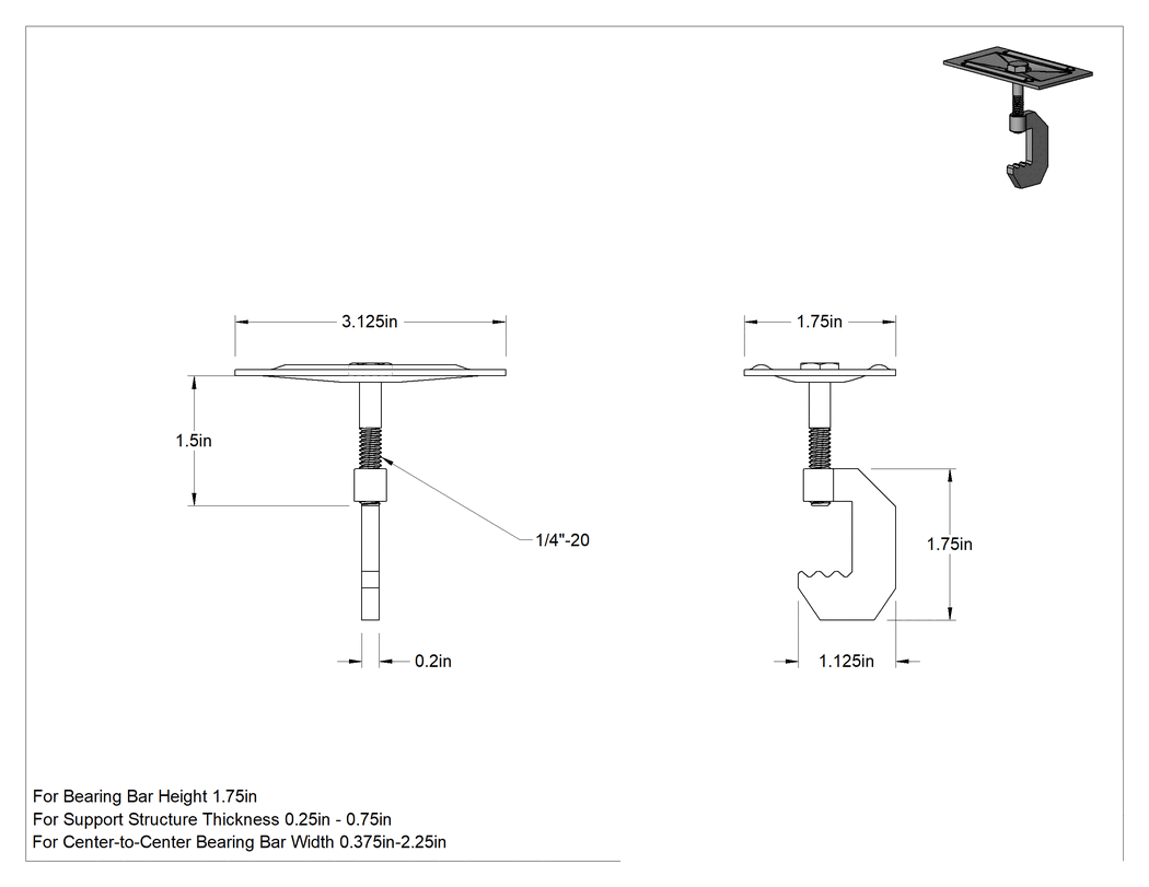 Teknik Çizim - Fiberglas Çubuk Izgara Klipsi, 1-3/4" Yükseklikli Çubuk için C-Klipsi, 3/8" ila 2-1/4" Merkezden Merkeze Genişlik
