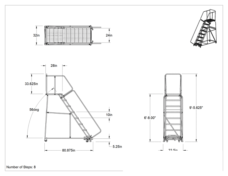 Teknik Çizim - Yuvarlanan Delikli Platform Merdiveni, Montajlanmamış, 8 Adım, 6'8" Yükseklik x 28" Derinlik Platform