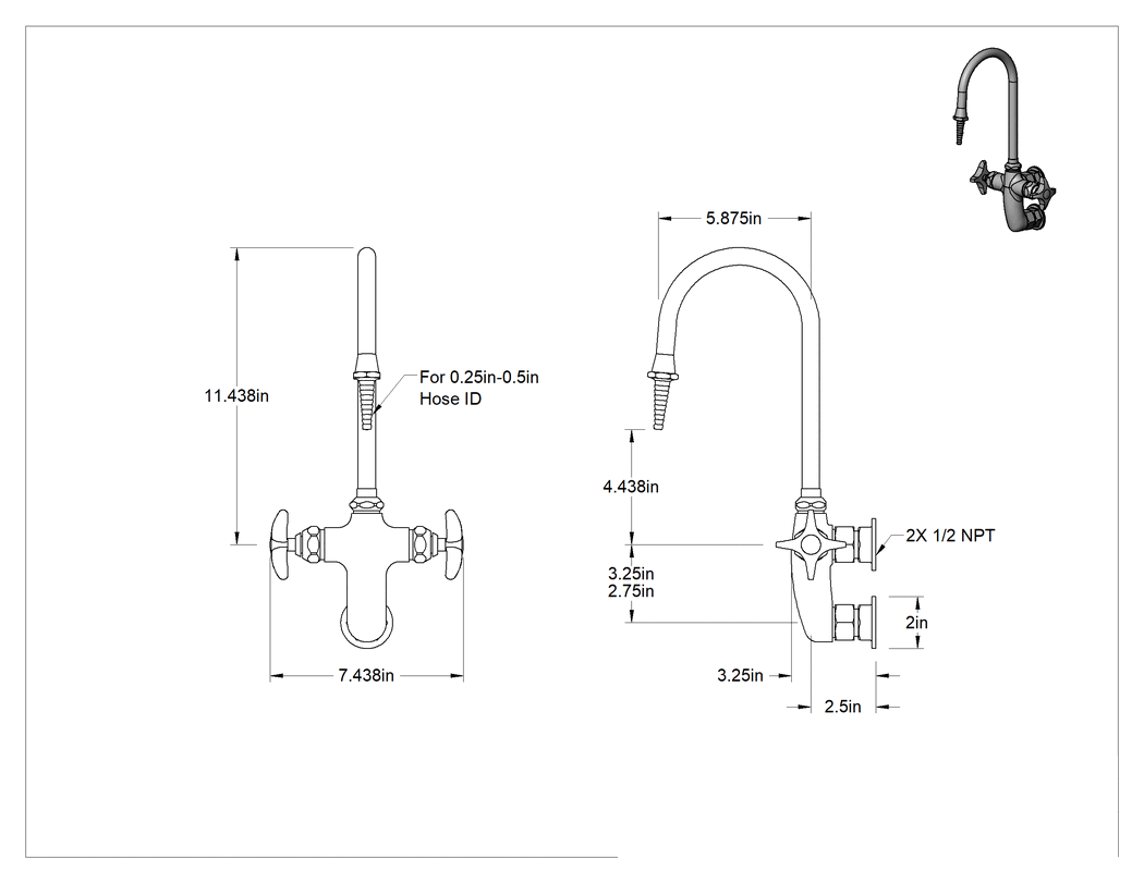 Teknik Çizim - Çift Arka Girişli Lavabo Musluğu, Ekstra Boşluklu, Döner Ağızlık ve 3.8 gpm Akış Hızı