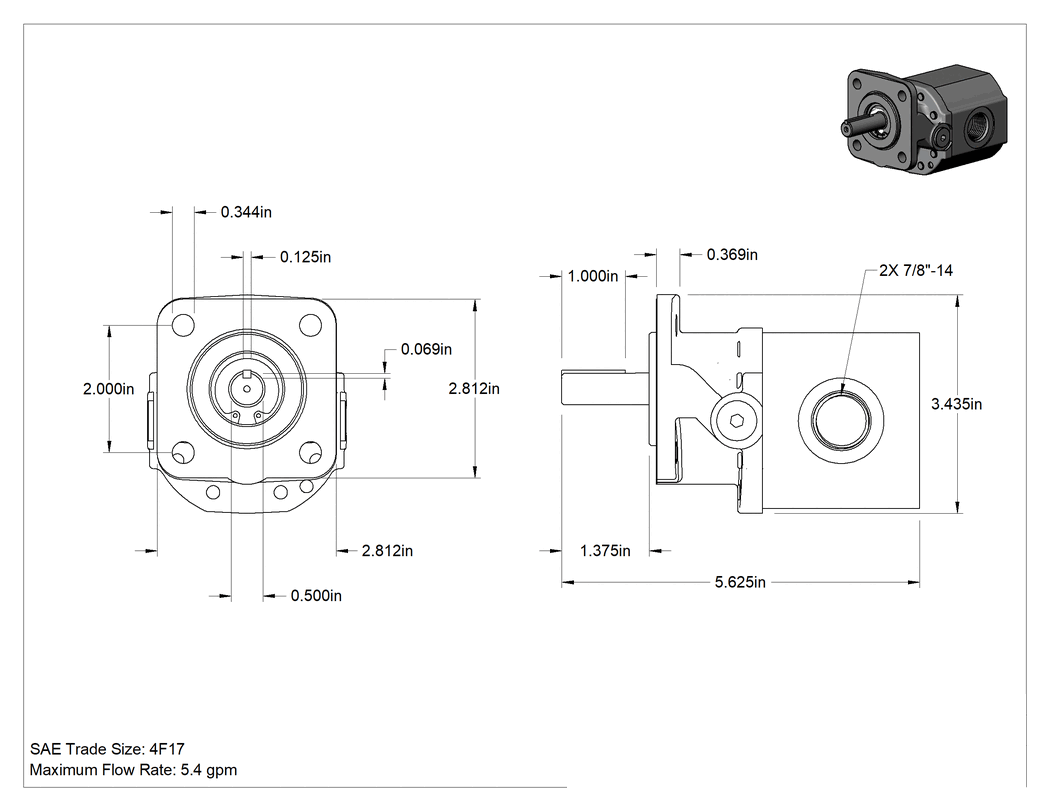 Teknik Çizim - Hidrolik Dişli Pompa, SAE-4F17, 5.4 gpm Maksimum Akış