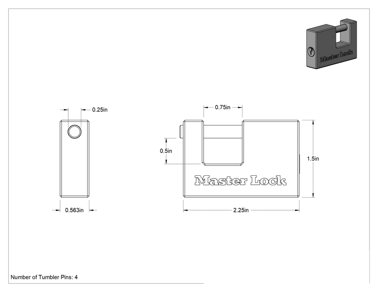 Teknik Çizim - Hava Koşullarına ve Kesilmeye Dayanıklı Asma Kilit, Katı Pirinç Gövdeli, Master Lock 605Dat