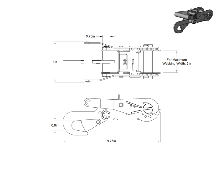 Teknik Çizim - Dokuma Kemer Tokası, Maksimum 2" Genişlikte Dokuma için, Çelik Cırcır, Tutma Kolu, 4" Genişlik, Dikişsiz