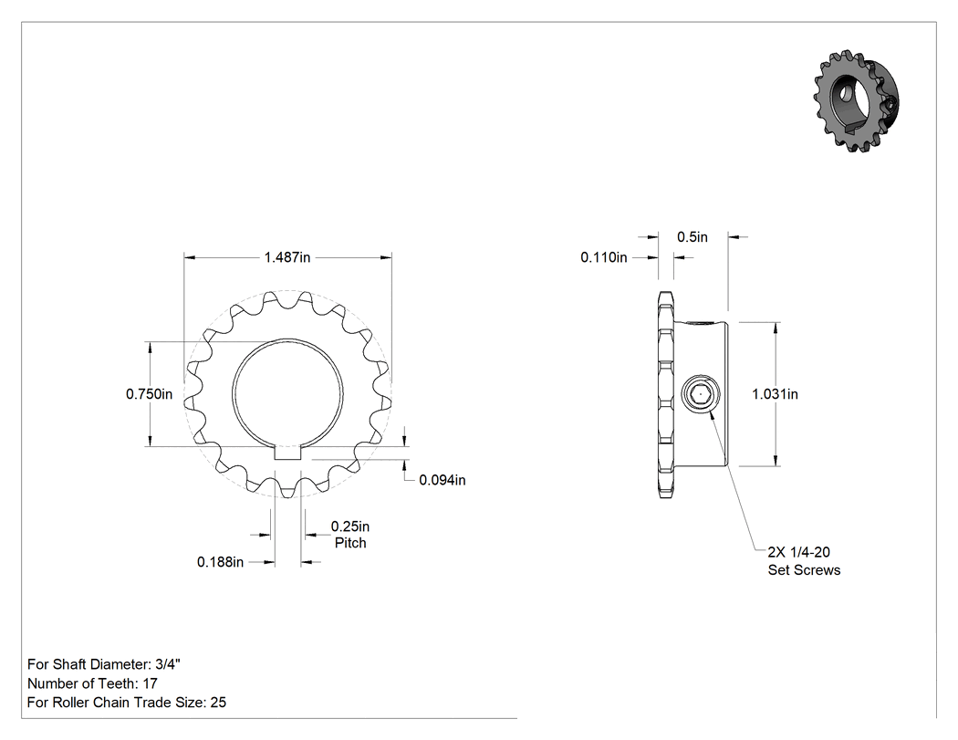 Teknik Çizim - Çelik Tek Sıralı Dişli, ANSI 25 Makaralı Zincir ve 3/4" Mil Çapı için, 17 Diş