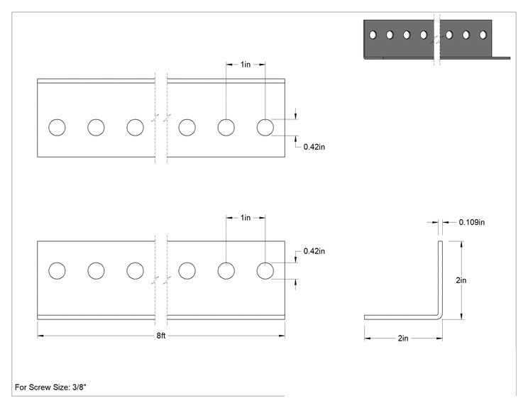 Teknik Çizim - Cıvatalı Çerçeve, L Şeklinde Çinko Kaplı Çelik Ray, 2" x 2" Genişlik, 8 Fit Uzunluk