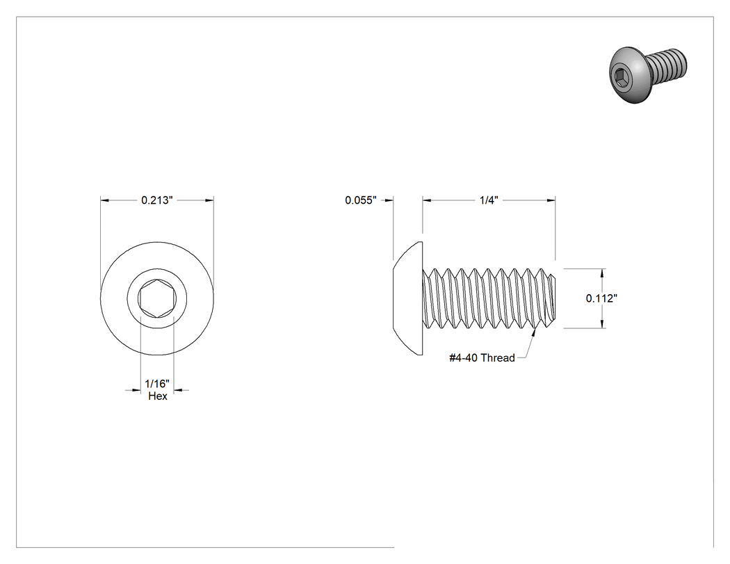 Teknik Çizim - Titanyum Düğme Başlı Altıgen Soketli Vida, 4-40 Diş, 1/4" Uzunluk
