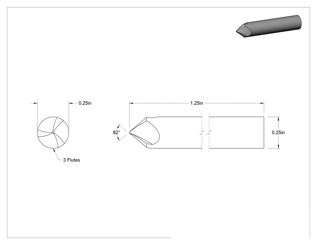 Teknik Çizim - Pürüzsüz Yüzeyli Yüksek Hızlı Çelik Havşa, Vidalar için, 82 Derece, 1/4" Gövde Çapı