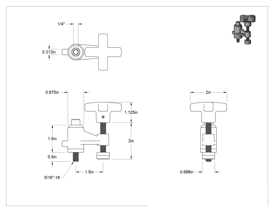 Teknik Çizim - Dönen Vida Kelepçesi, 1-1/2" Uzanma Mesafesi, 5/16"-18 Diş Boyutu