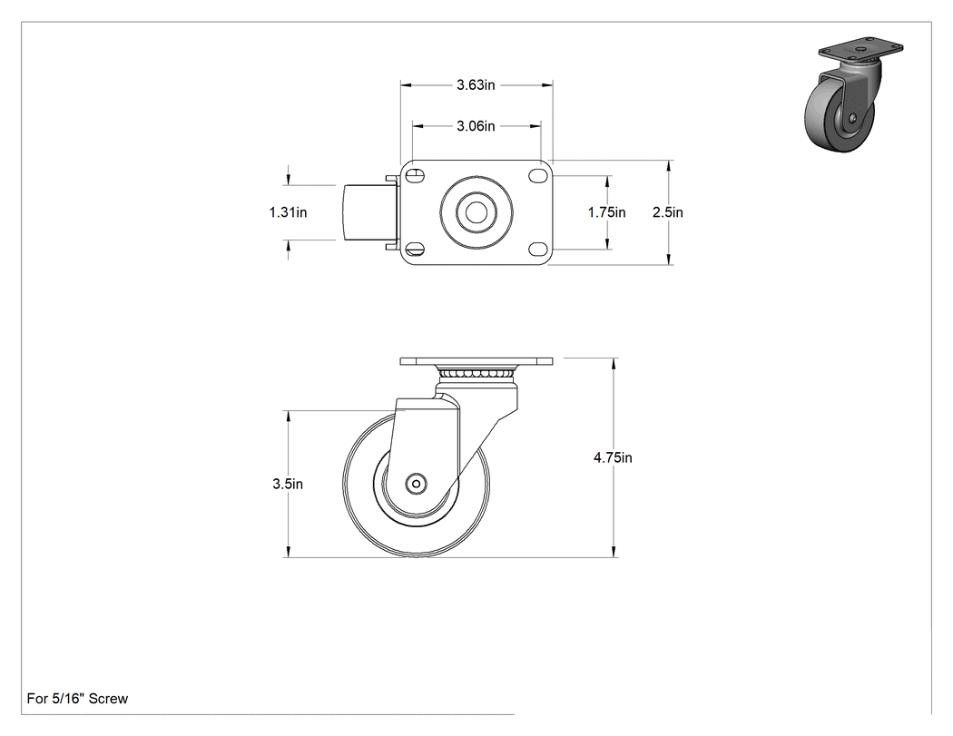 Teknik Çizim - Cart-King Tekerlek, 3-1/2 inç Çapında Tread-on-Core 75A Kauçuk Tekerlekli Döner